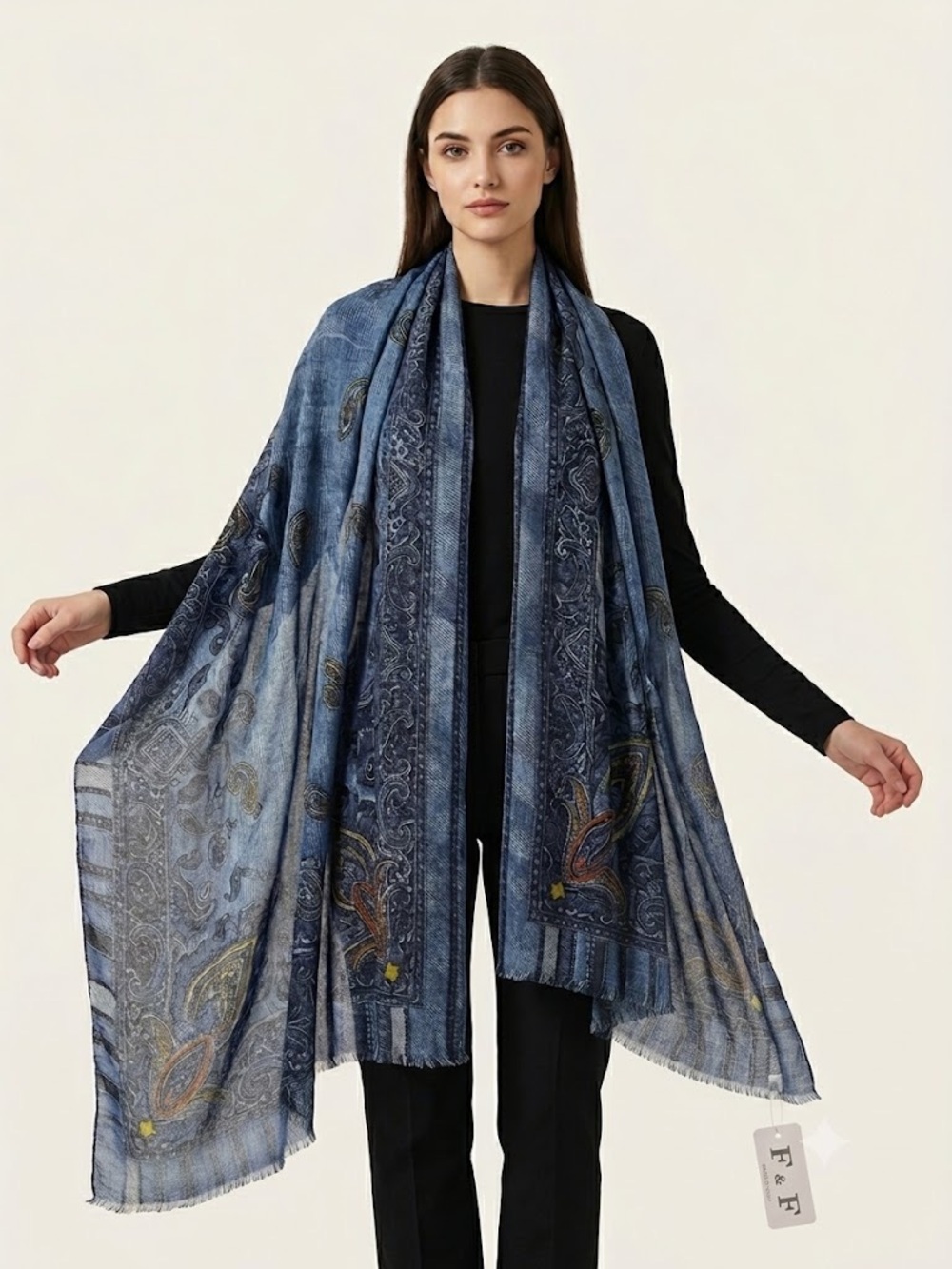 F&F Blue Paisley Modal Oversized Rectangular Scarf Lightweight Italy Luxury
